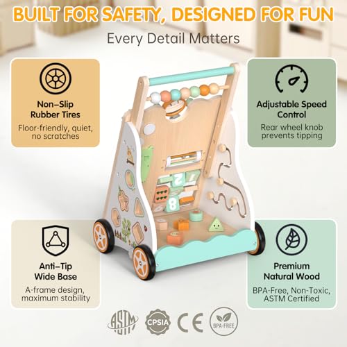 Wooden Montessori 10 in 1 Baby Push Walker for Toddlers