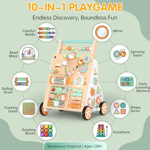 Wooden Montessori 10 in 1 Baby Push Walker for Toddlers