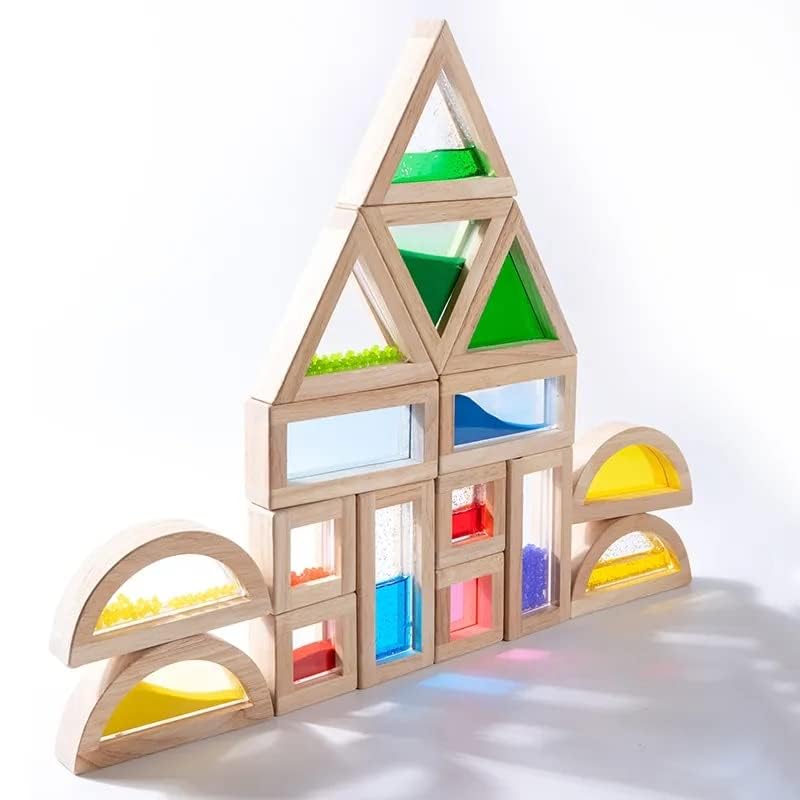 Large Wooden Rainbow Geometry Building Blocks Set 16 Pieces