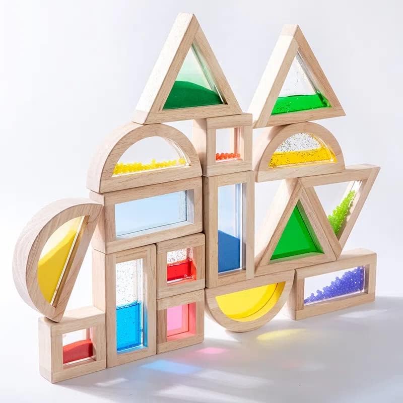 Large Wooden Rainbow Geometry Building Blocks Set 16 Pieces