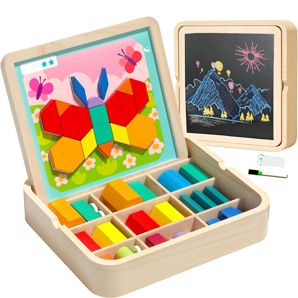 Wooden Magnetic Pattern Blocks Tangram Puzzle Set with Cards