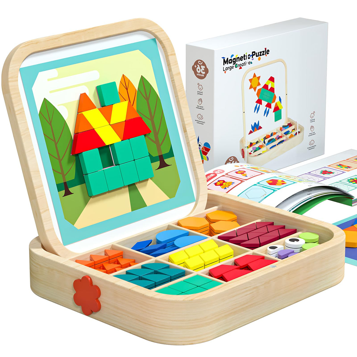 Wooden Magnetic Pattern Blocks Tangram Puzzle Set with Cards