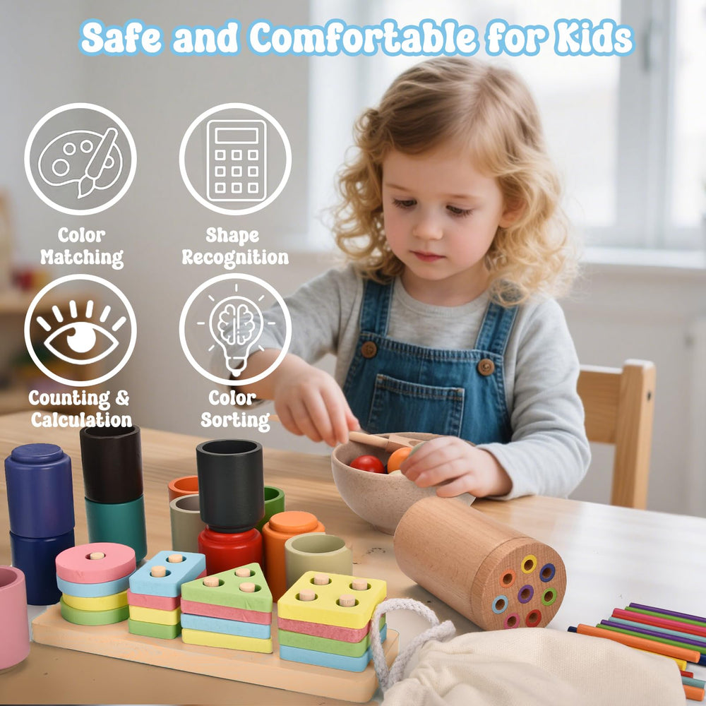 Wooden Rainbow Color Sorting Fine Motor Learning Toy