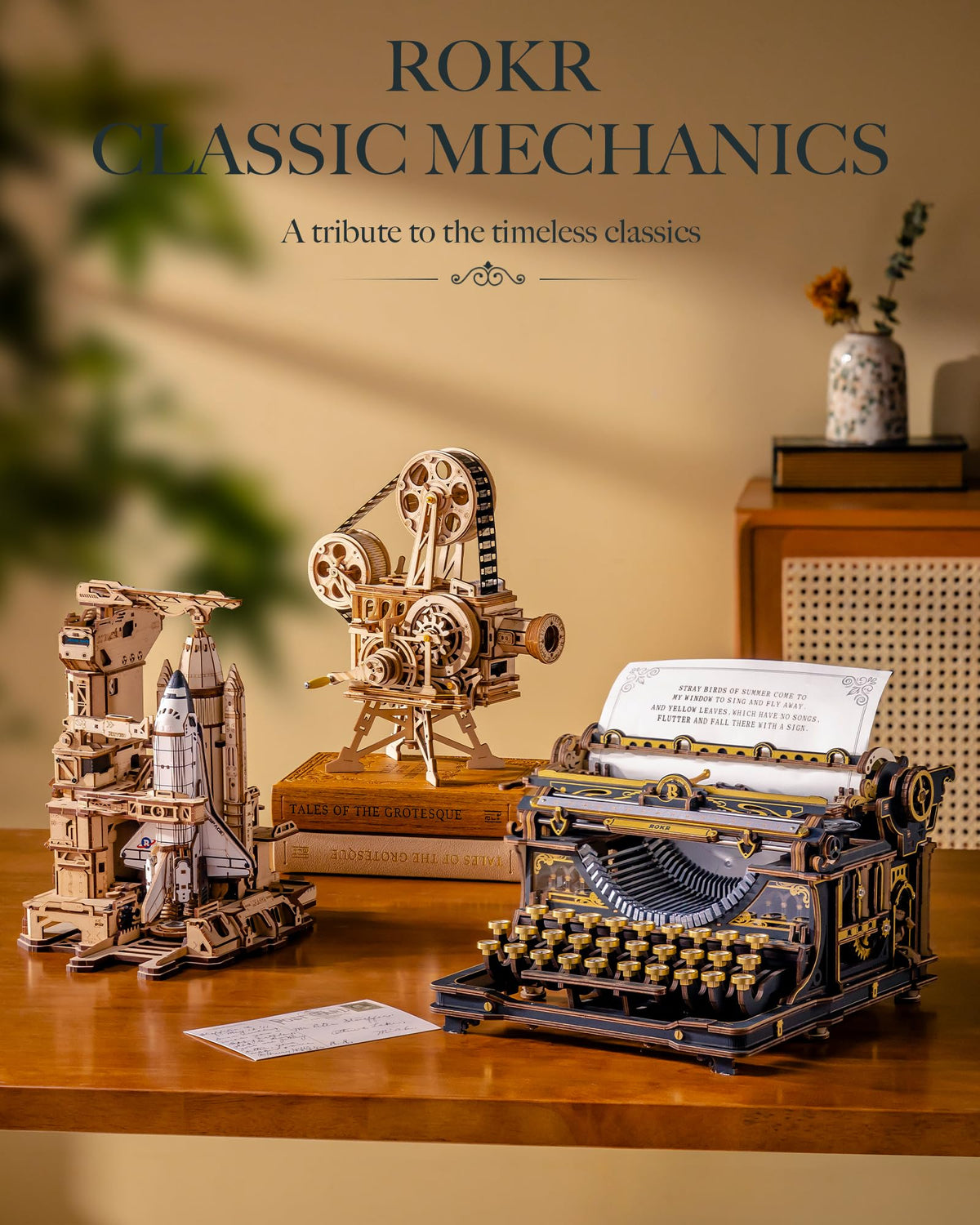 3D Wooden Typewriter Mechanical Model Building Puzzle Kit