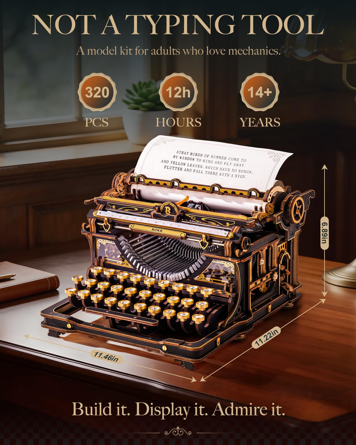 3D Wooden Typewriter Mechanical Model Building Puzzle Kit