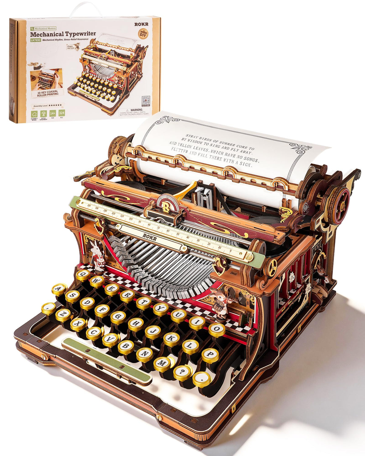 3D Wooden Typewriter Mechanical Model Building Puzzle Kit