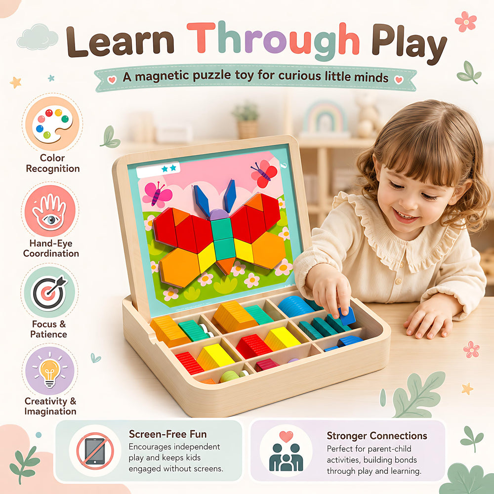 Wooden Magnetic Pattern Blocks Tangram Puzzle Set with Cards