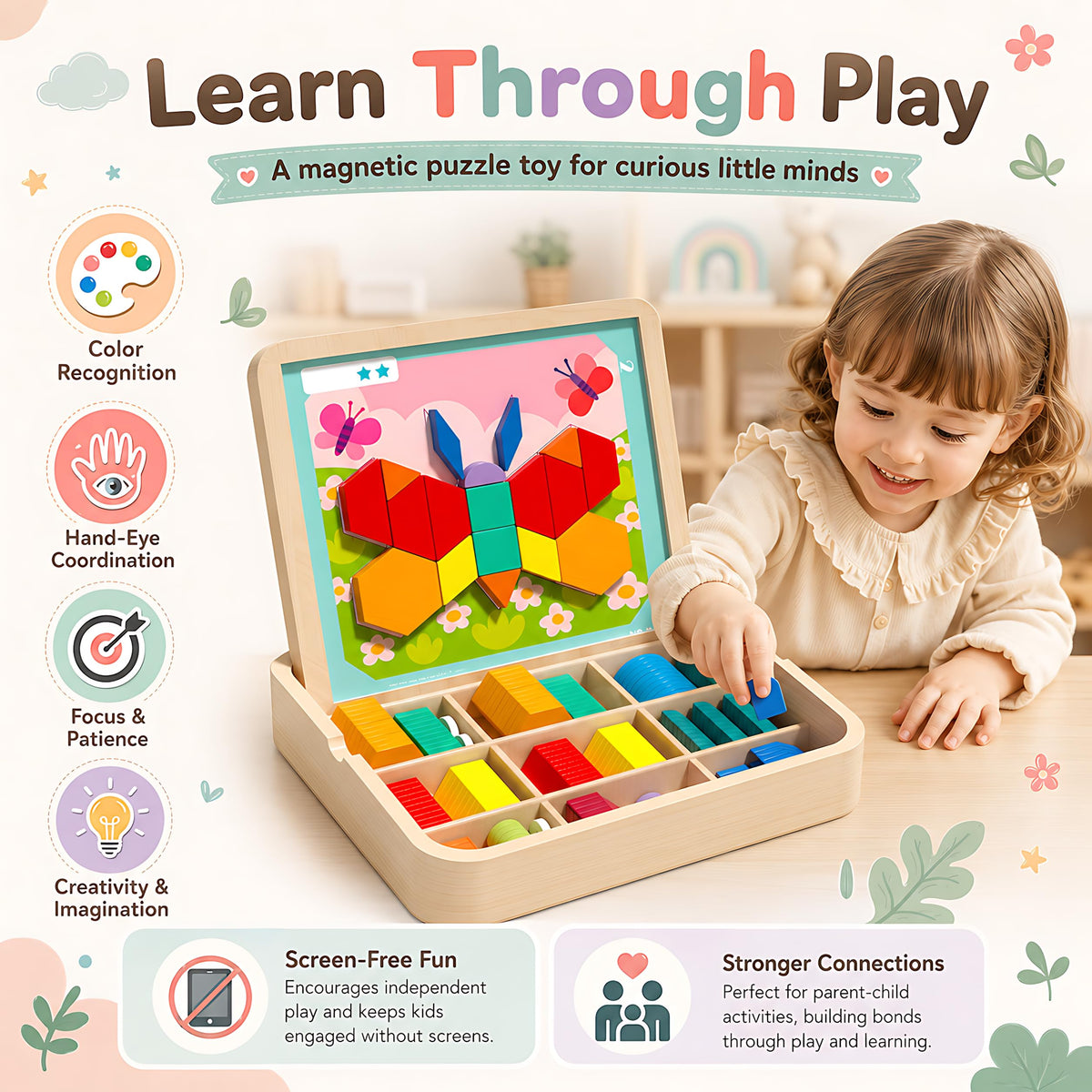 Wooden Magnetic Pattern Blocks Tangram Puzzle Set with Cards