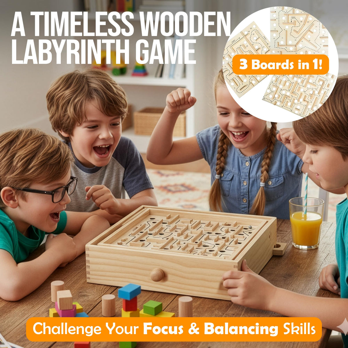 Wooden Labyrinth Maze Puzzle with 3 Swappable Boards
