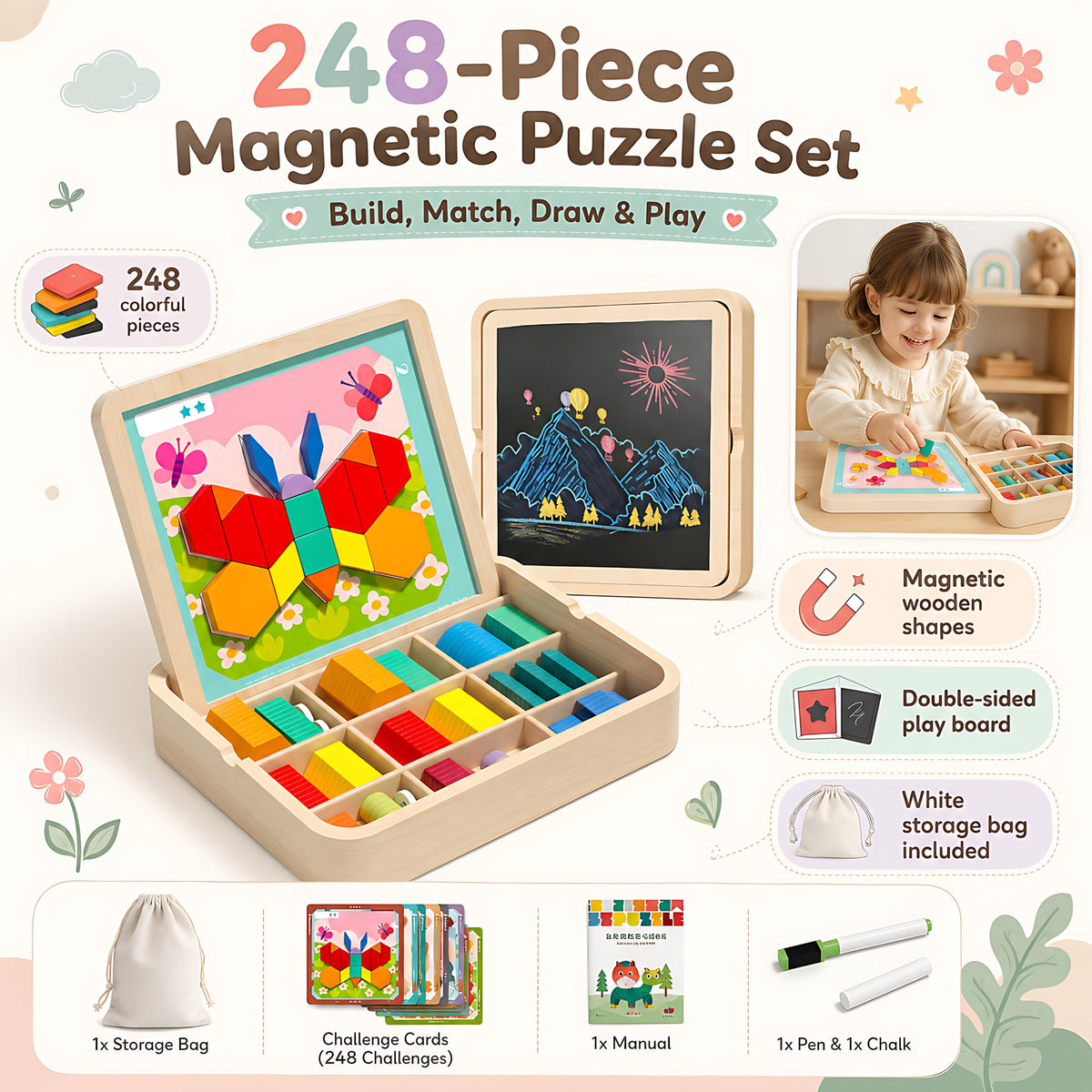 Wooden Magnetic Pattern Blocks Tangram Puzzle Set with Cards
