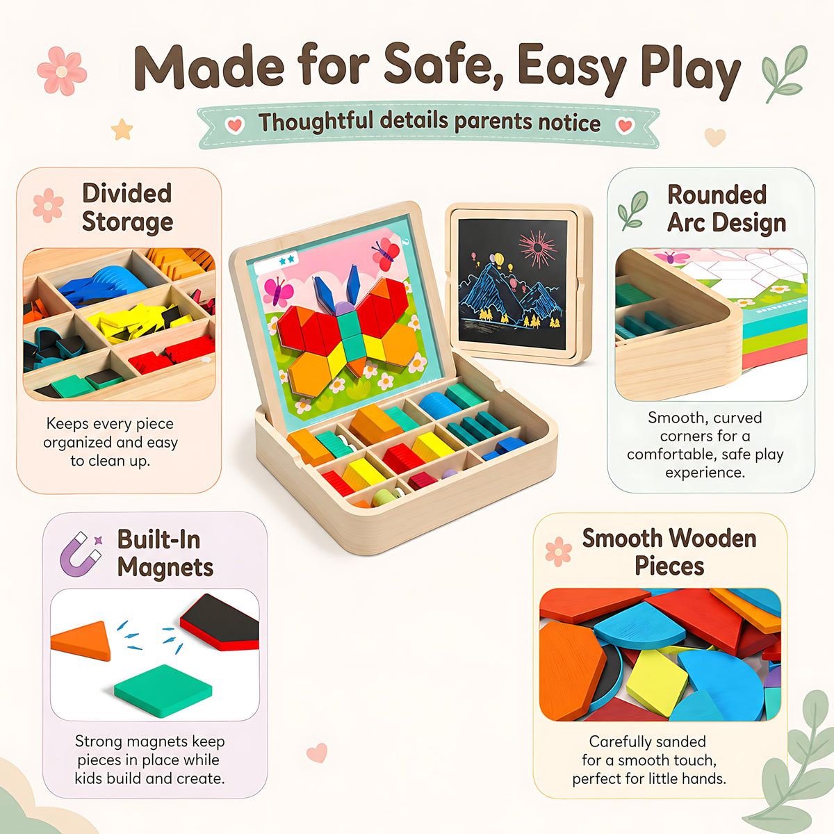 Wooden Magnetic Pattern Blocks Tangram Puzzle Set with Cards