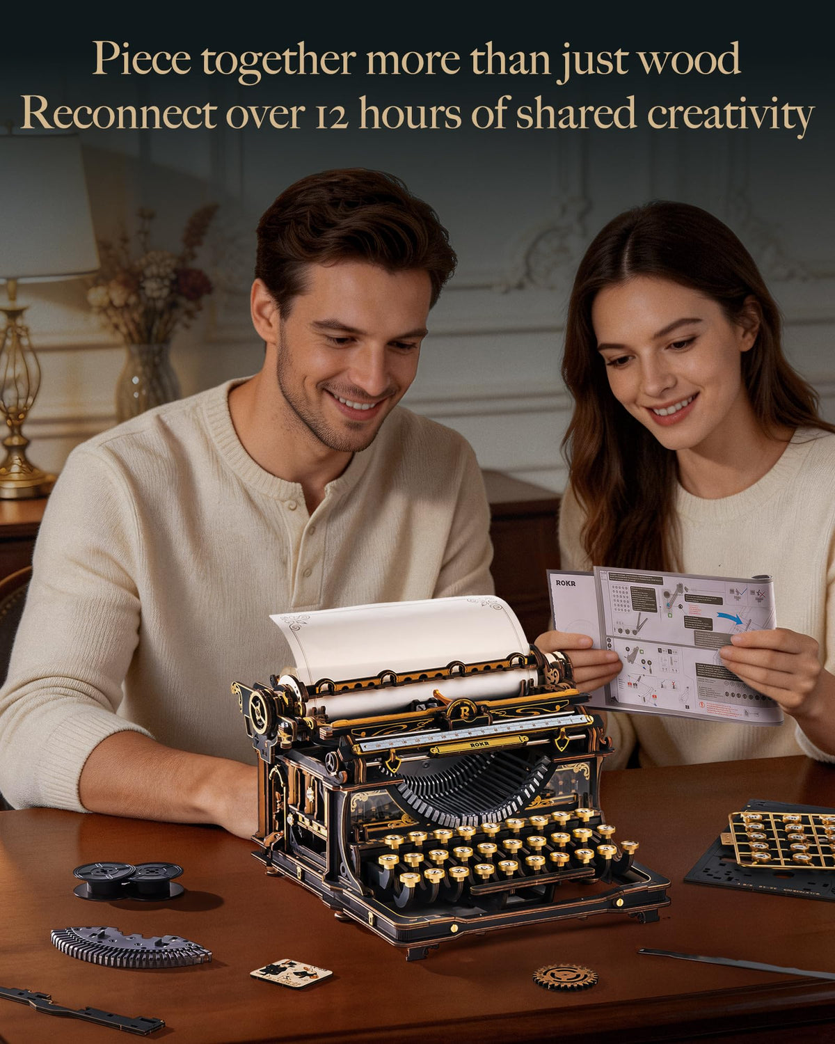 3D Wooden Typewriter Mechanical Model Building Puzzle Kit