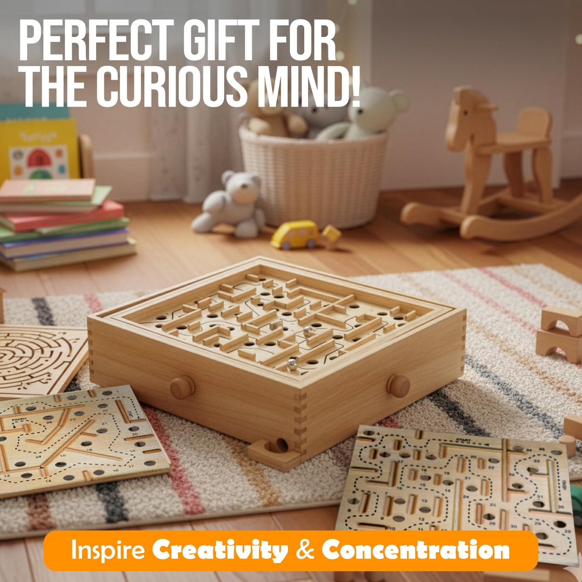 Wooden Labyrinth Maze Puzzle with 3 Swappable Boards