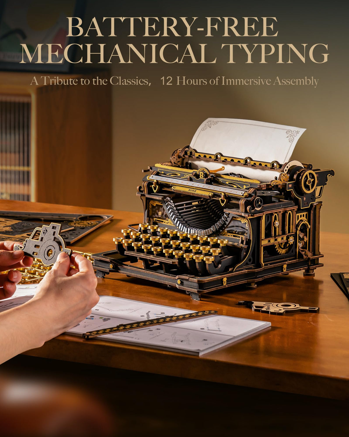 3D Wooden Typewriter Mechanical Model Building Puzzle Kit