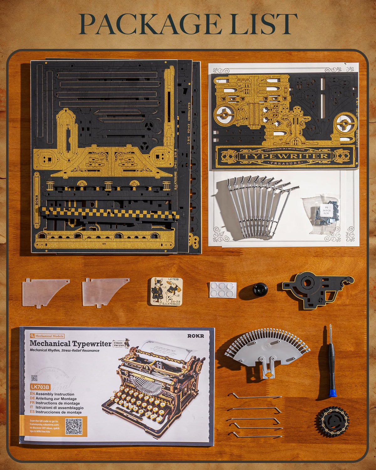 3D Wooden Typewriter Mechanical Model Building Puzzle Kit