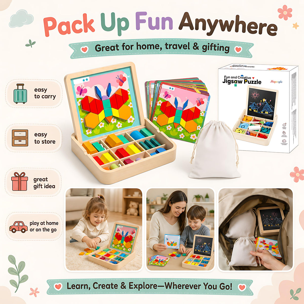 Wooden Magnetic Pattern Blocks Tangram Puzzle Set with Cards